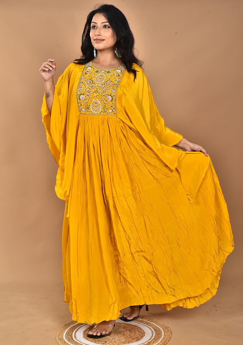 Yellow Hand Embroidery Crepe Kaftan