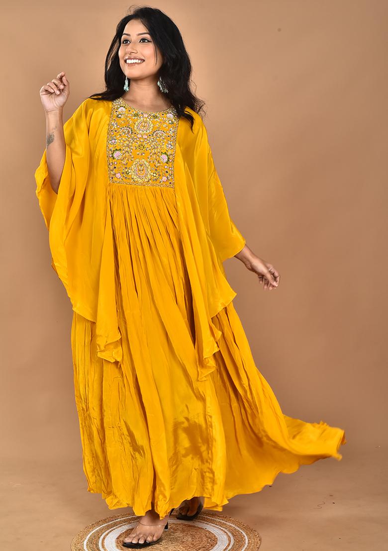 Yellow Hand Embroidery Crepe Kaftan