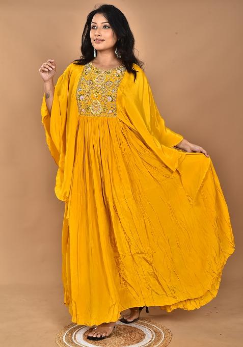 Yellow Hand Embroidery Crepe Kaftan