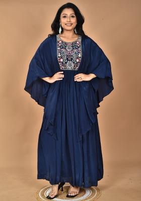 Blue Hand Embroidery Crepe Kaftan