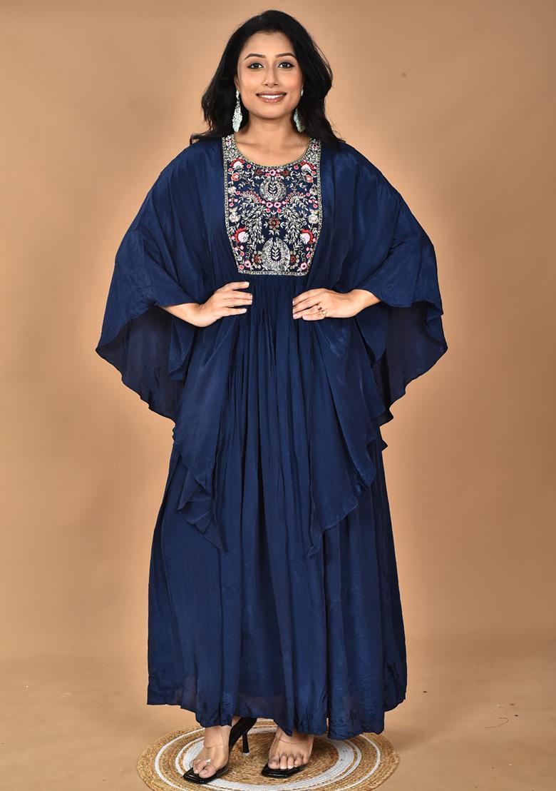 Blue Hand Embroidery Crepe Kaftan