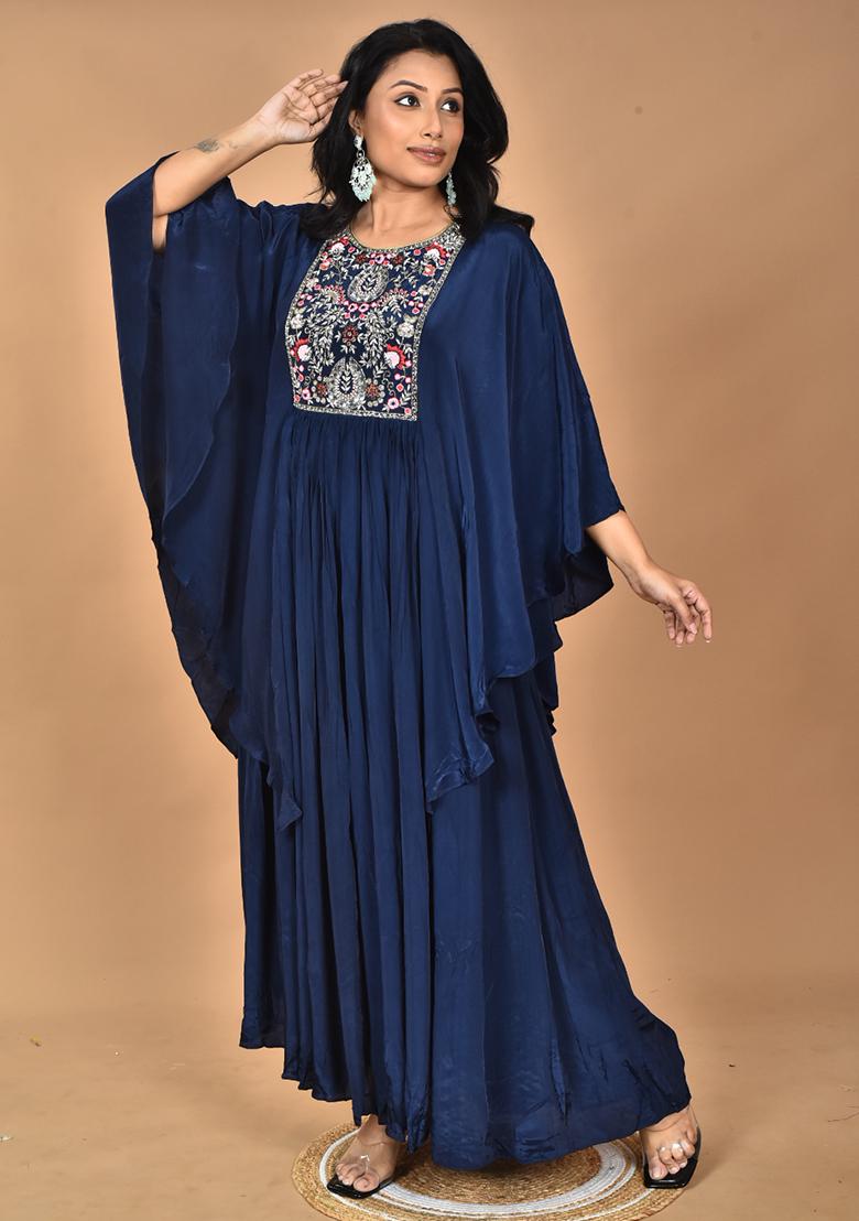 Blue Hand Embroidery Crepe Kaftan