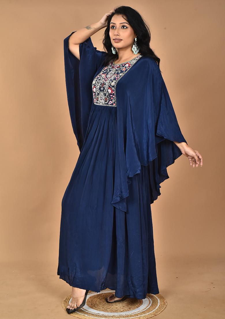 Blue Hand Embroidery Crepe Kaftan