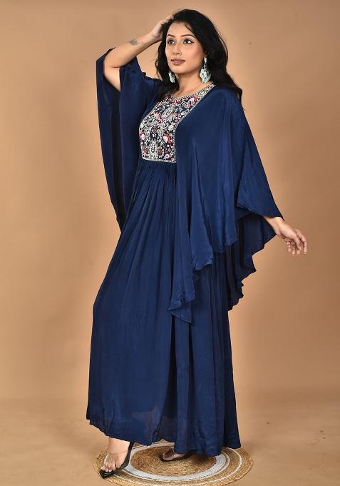Blue Hand Embroidery Crepe Kaftan