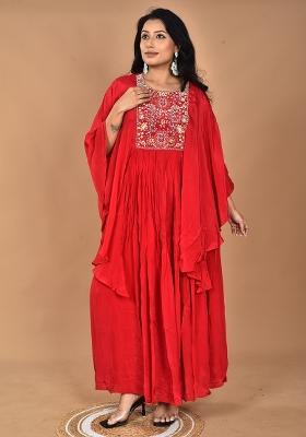 Red Hand Embroidery Crepe Kaftan