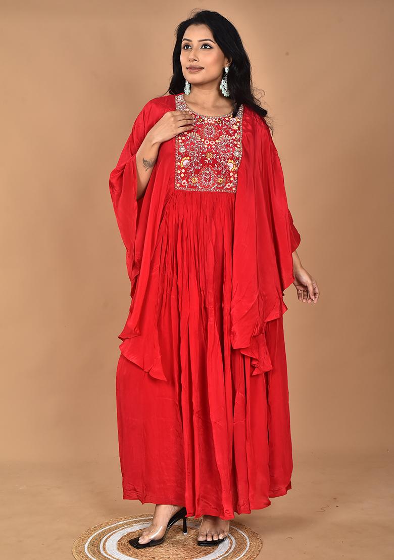 Red Hand Embroidery Crepe Kaftan