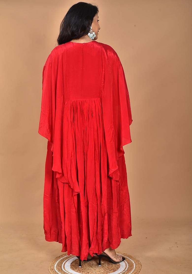 Red Hand Embroidery Crepe Kaftan