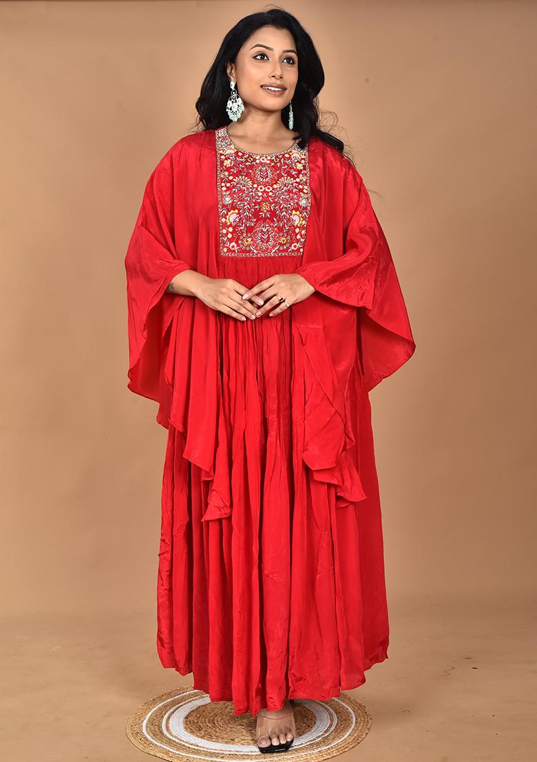Red Hand Embroidery Crepe Kaftan