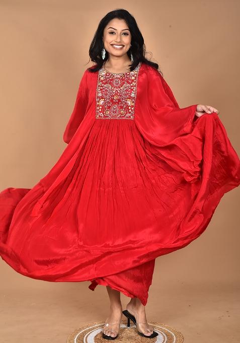 Red Hand Embroidery Crepe Kaftan