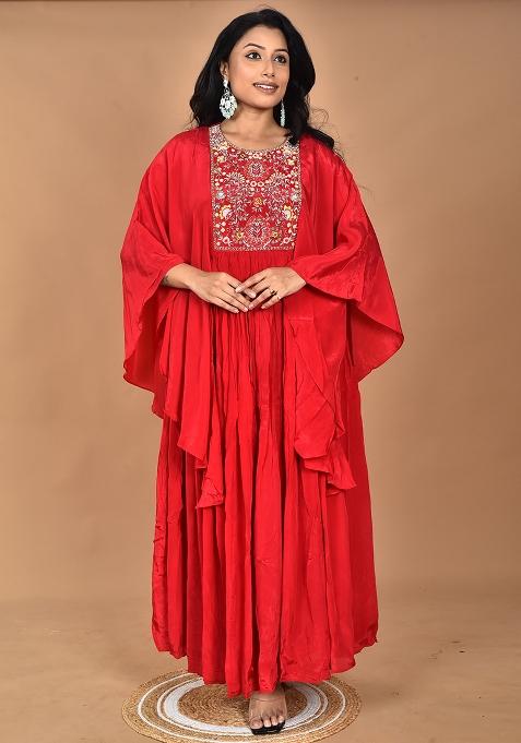 Red Hand Embroidery Crepe Kaftan
