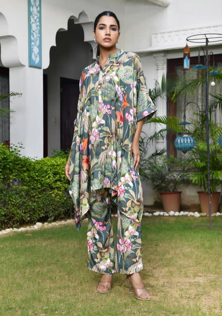 Dark Green Mirror Work Muslin Viscose Kaftan Set - Indya