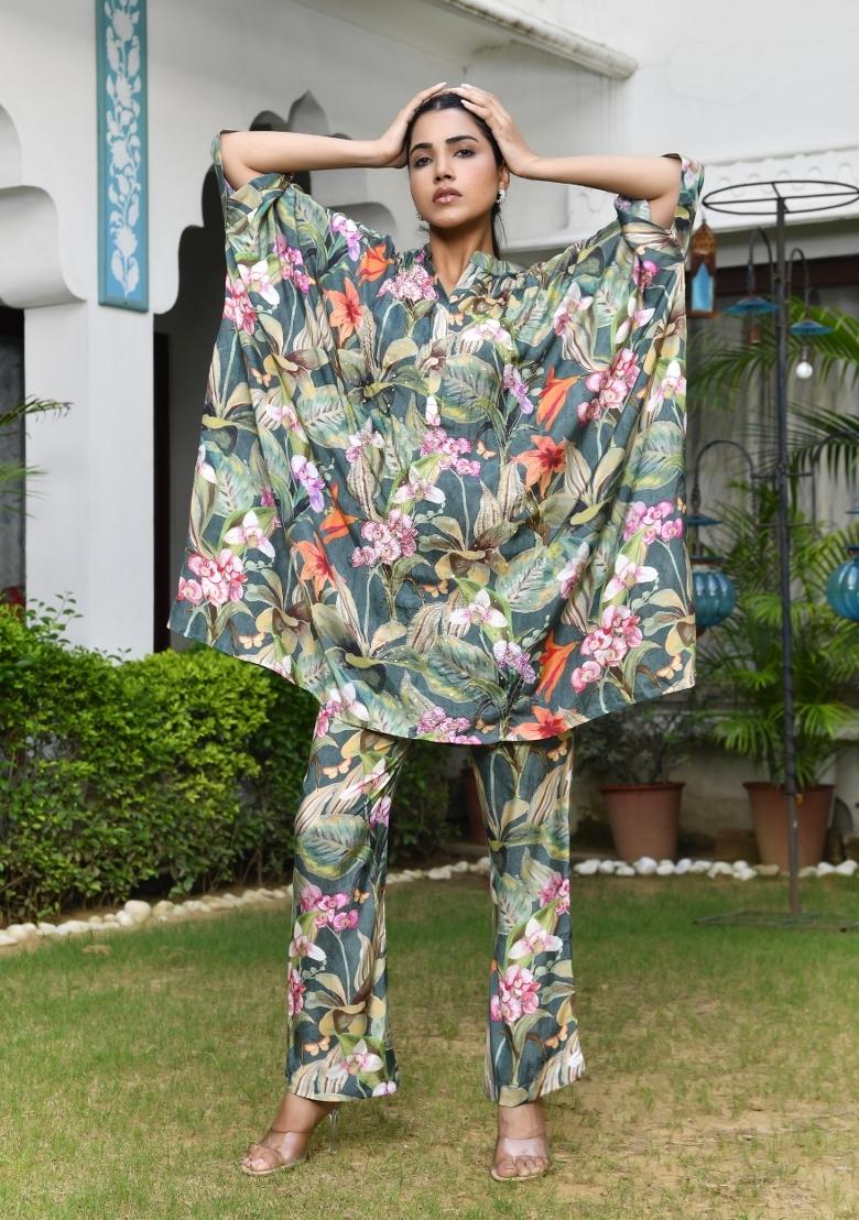 Dark Green Mirror Work Muslin Viscose Kaftan Set - Indya