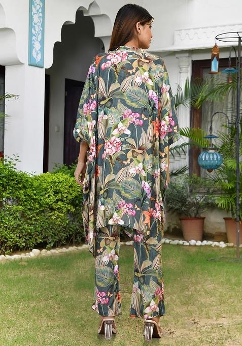 Dark Green Mirror Work Muslin Viscose Kaftan Set