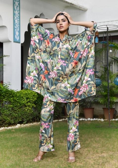 Dark Green Mirror Work Muslin Viscose Kaftan Set