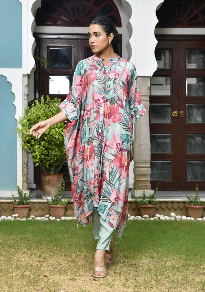 Aqua Thread Work Muslin Viscose Kaftan Set - Indya