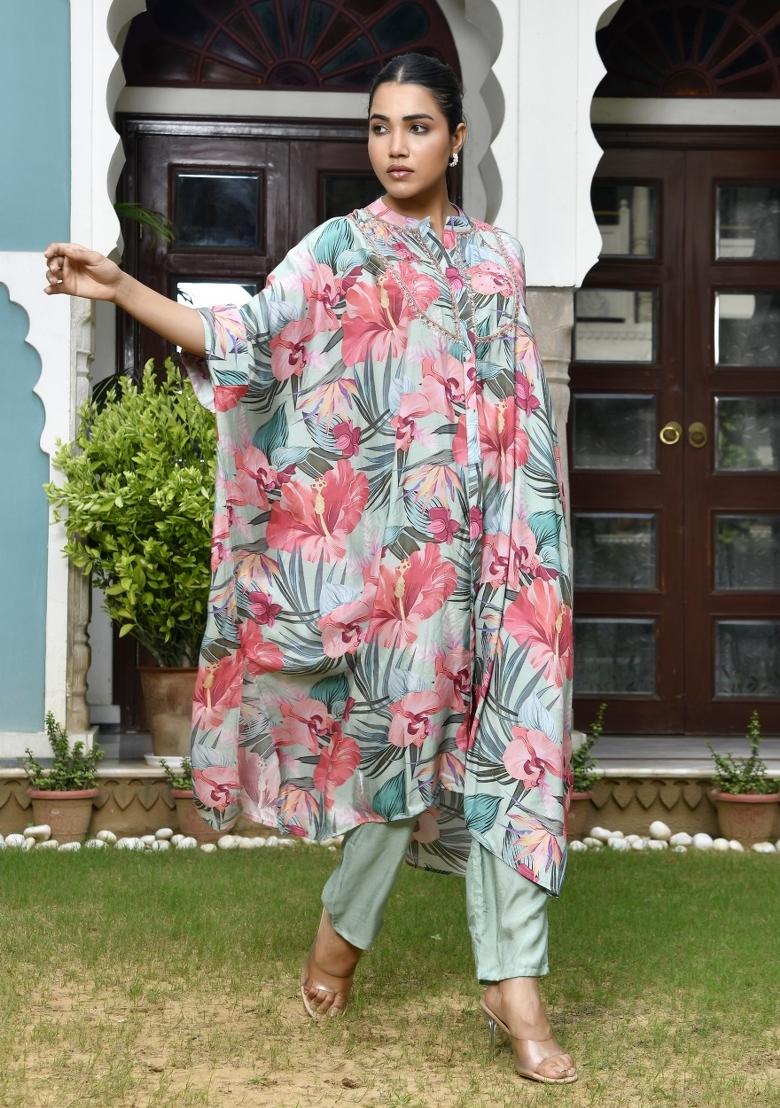 Aqua Thread Work Muslin Viscose Kaftan Set - Indya