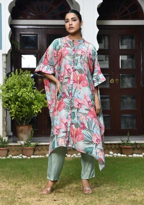 Aqua Thread Work Muslin Viscose Kaftan Set