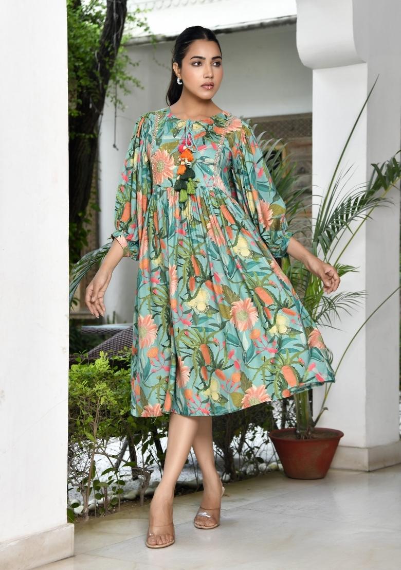 Teal Thread Work Muslin Viscose Dress