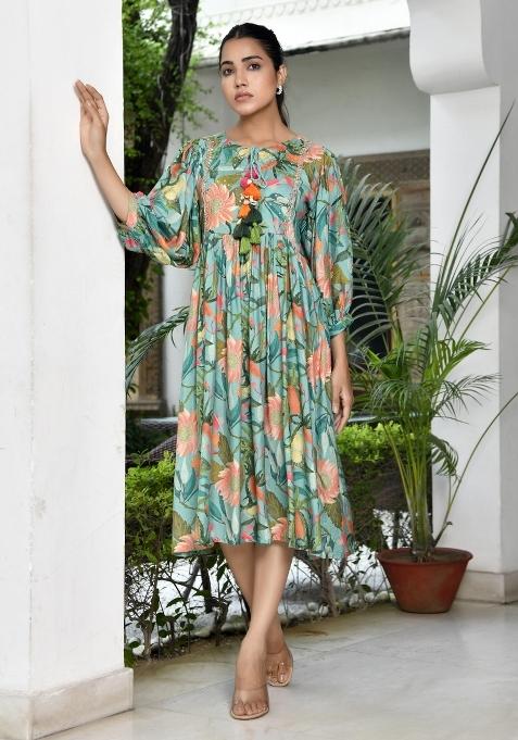 Teal Thread Work Muslin Viscose Dress