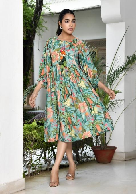 Teal Thread Work Muslin Viscose Dress