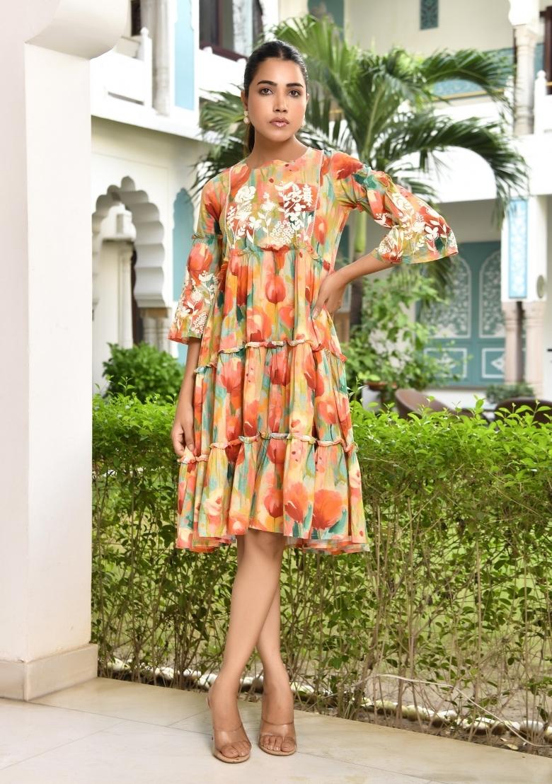 Orange Thread Work Cotton Dress