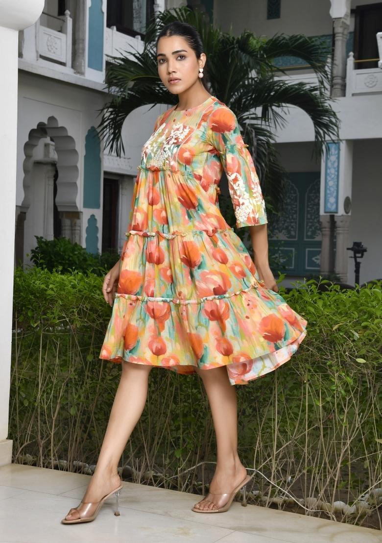 Orange Thread Work Cotton Dress