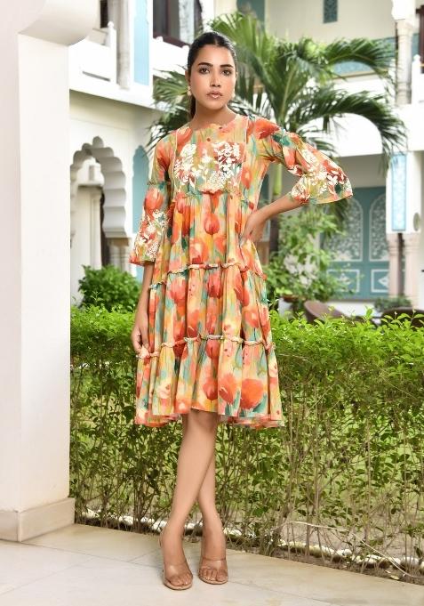 Orange Thread Work Cotton Dress