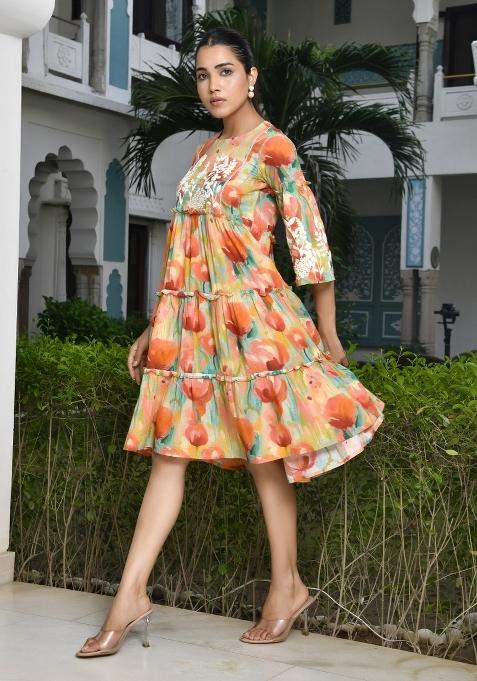 Orange Thread Work Cotton Dress