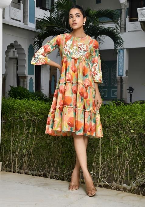 Orange Thread Work Cotton Dress