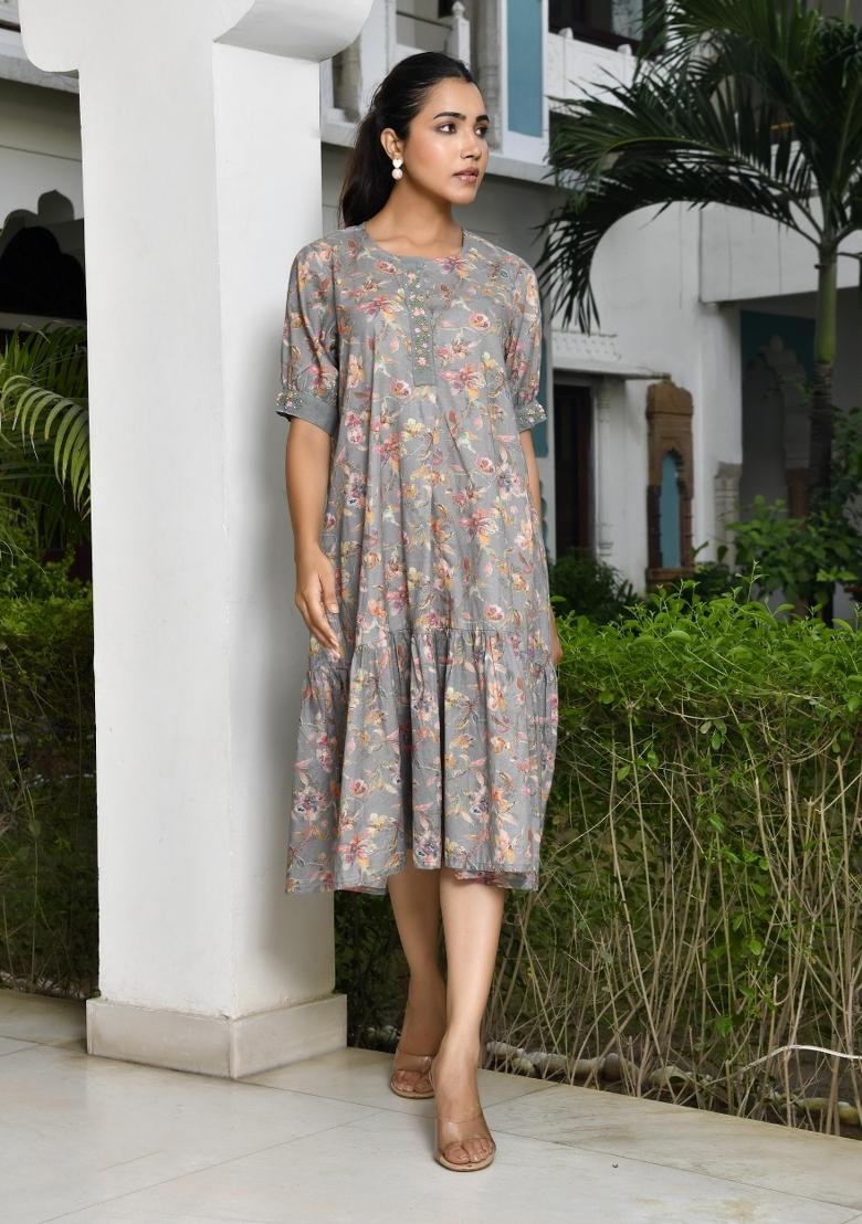 Grey Thread Work Cotton Dress - Indya
