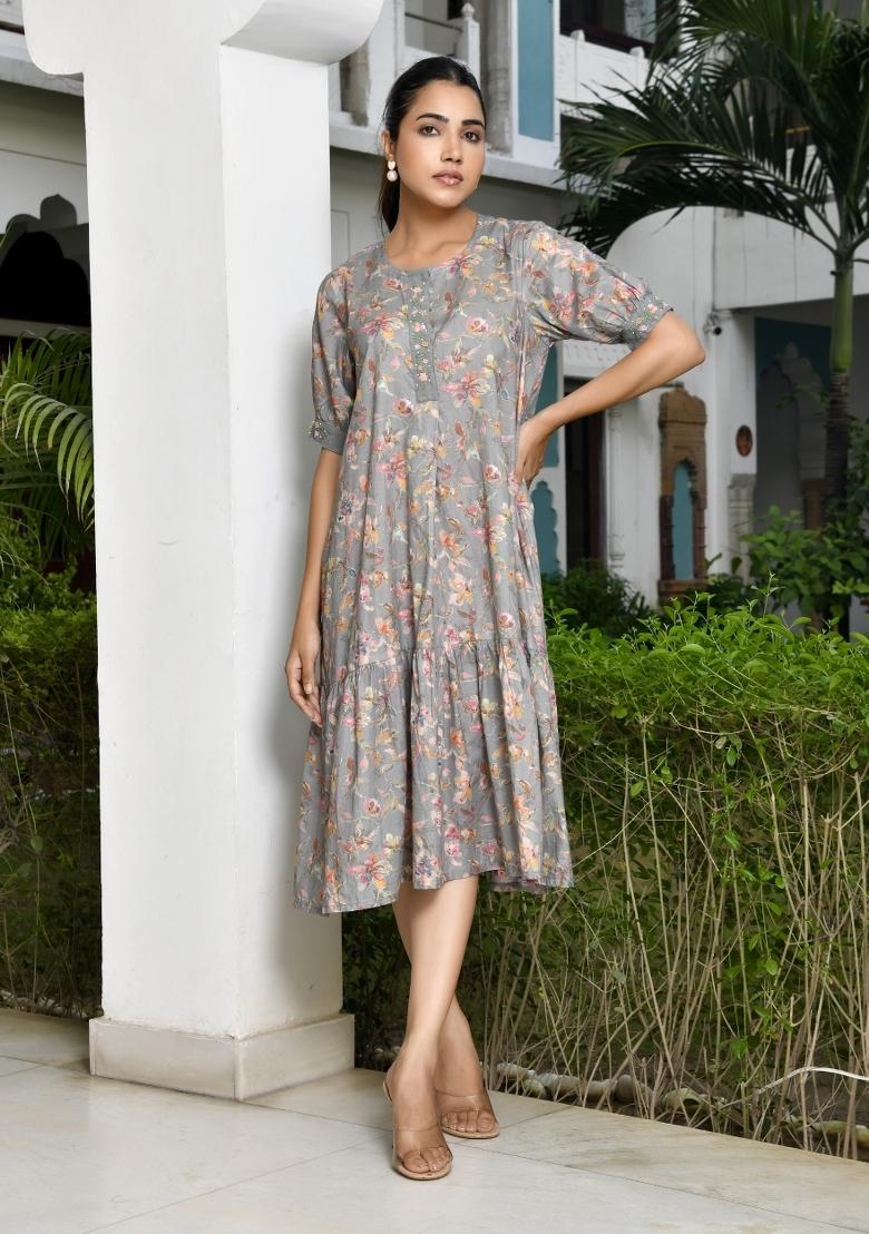 Grey Thread Work Cotton Dress - Indya