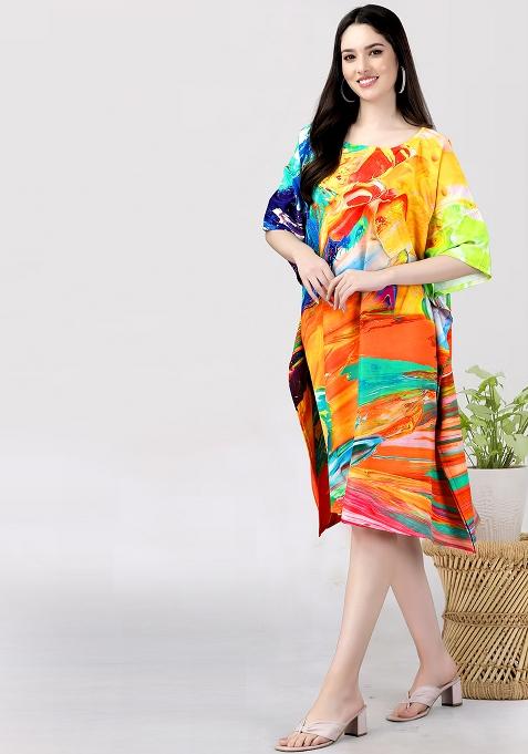 Multicolor Digital Printed Polyester Crepe Kaftan