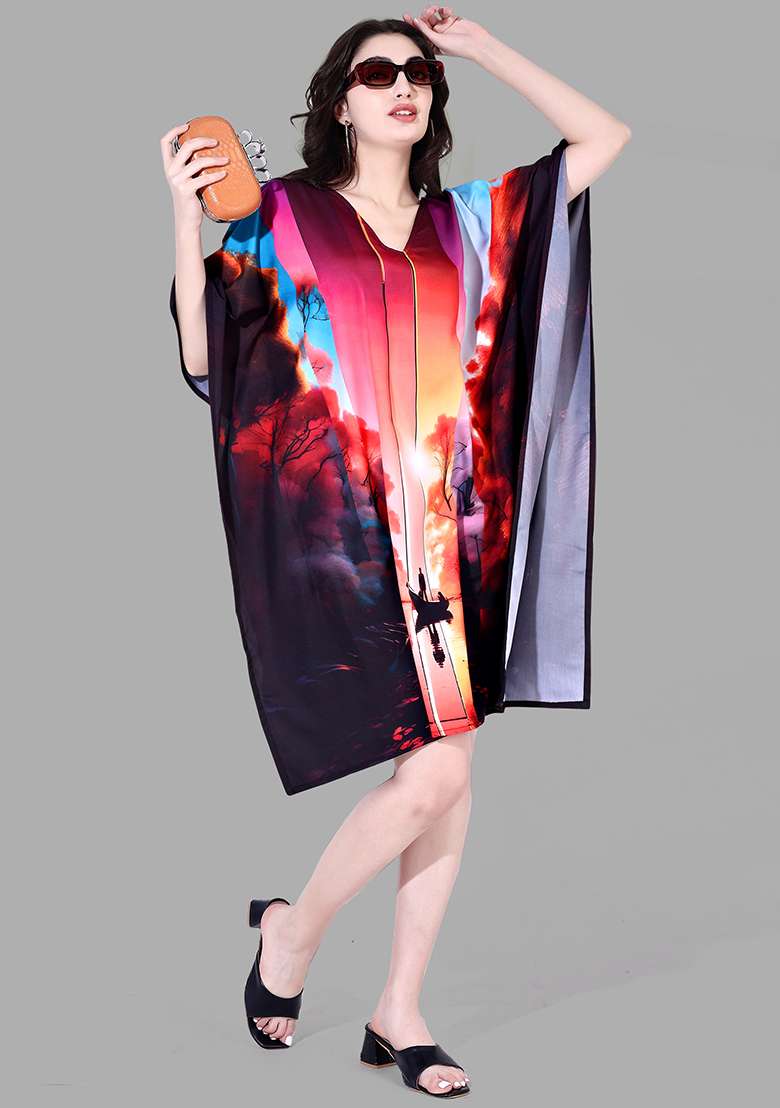 Multicolor Printed Polyester Kaftan for Diwali and Festive Wear - Indya