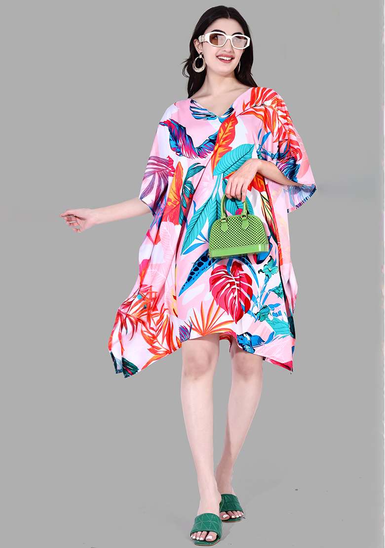 Multicolor Floral Print Polyester Kaftan for Diwali and Festive Wear - Indya