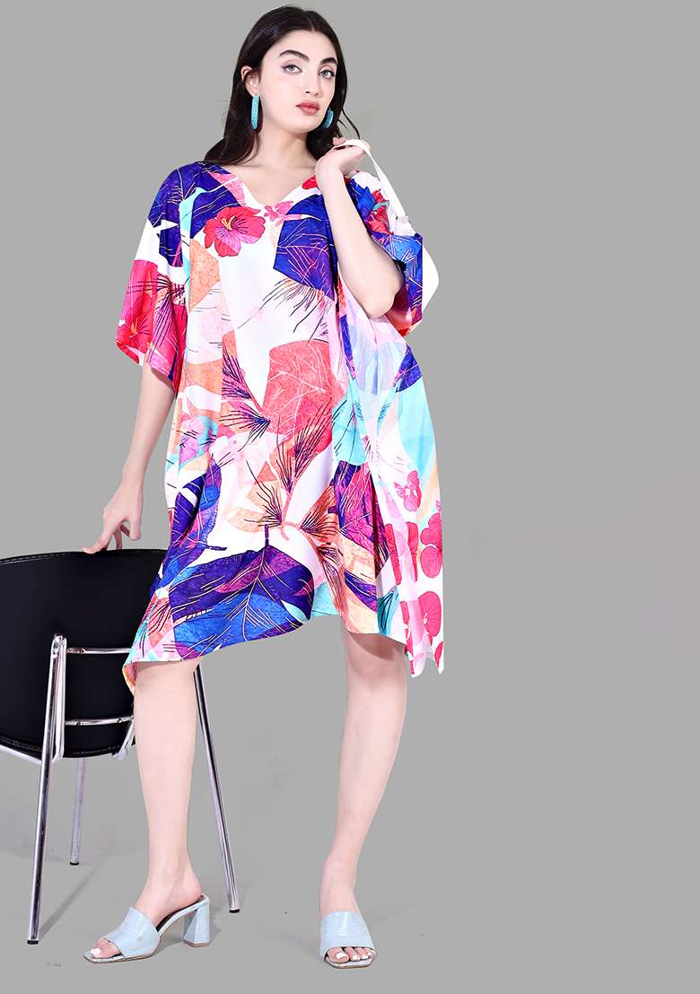 Multicolor Floral Print Polyester Kaftan for Diwali and Festive Wear - Indya
