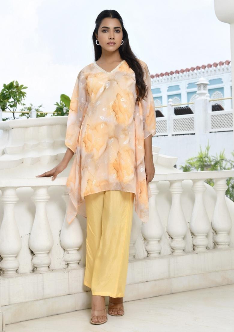 Lemon Yellow Thread Work Georgette Kaftan Set - Indya