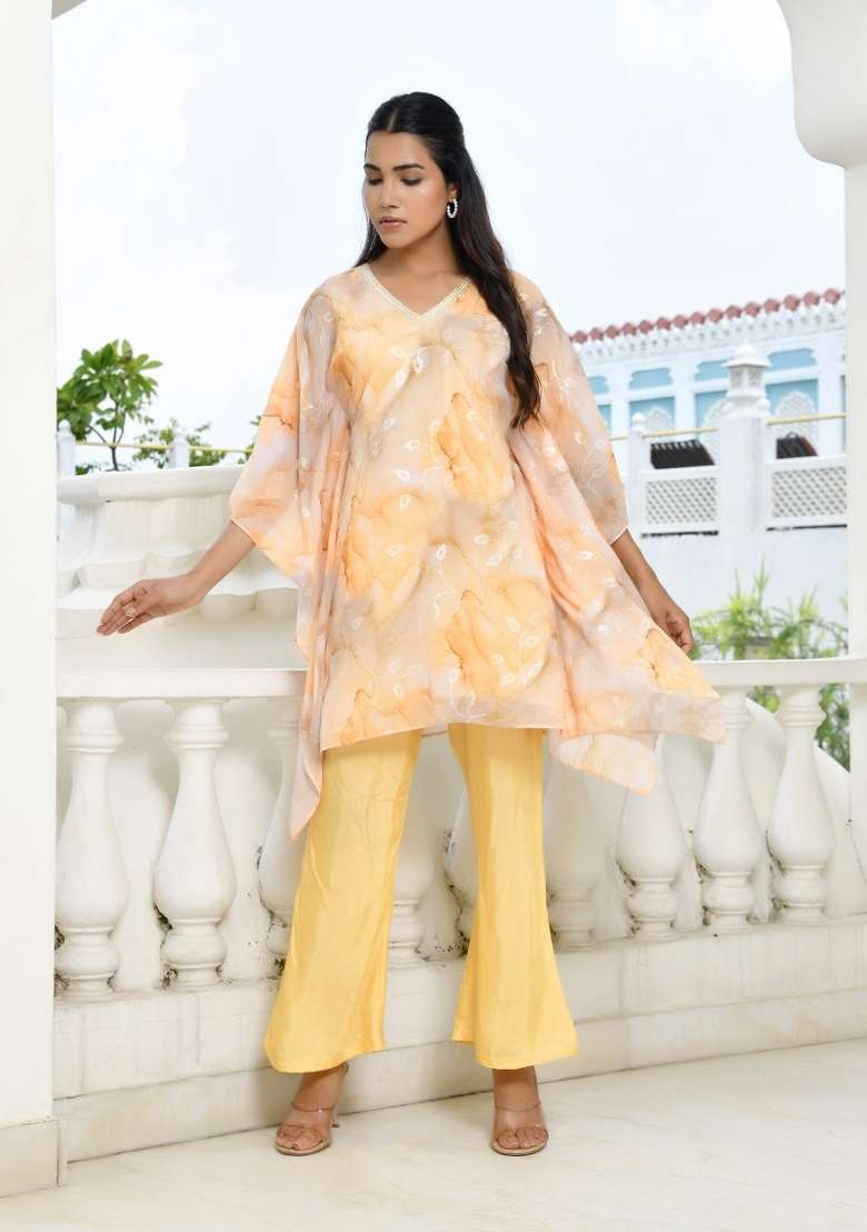 Lemon Yellow Floral Print Georgette Kaftan - Indya