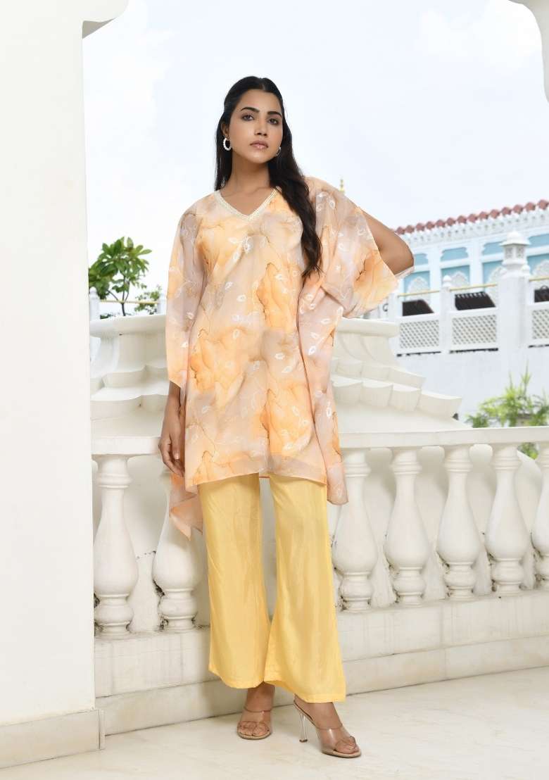 Lemon Yellow Floral Print Georgette Kaftan - Indya