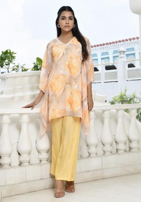 Lemon Yellow Thread Work Georgette Kaftan Set