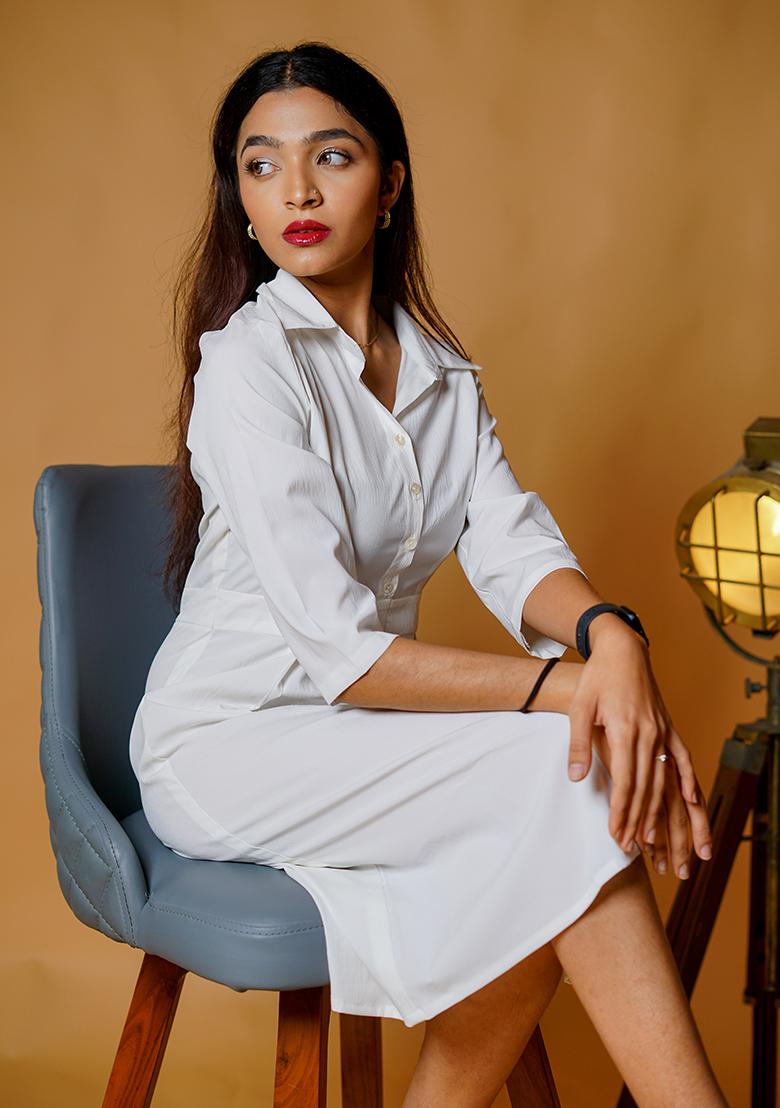 White Solid Blended Dress - Indya