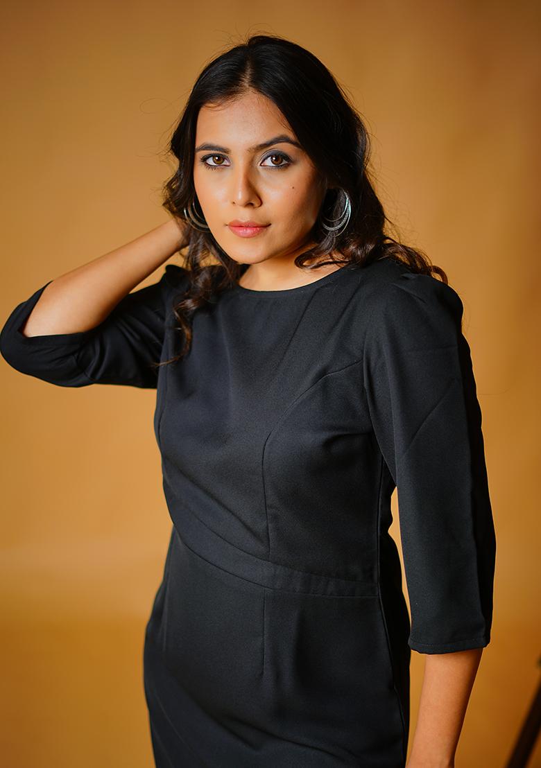 Black  Solid Blended Dress - Indya