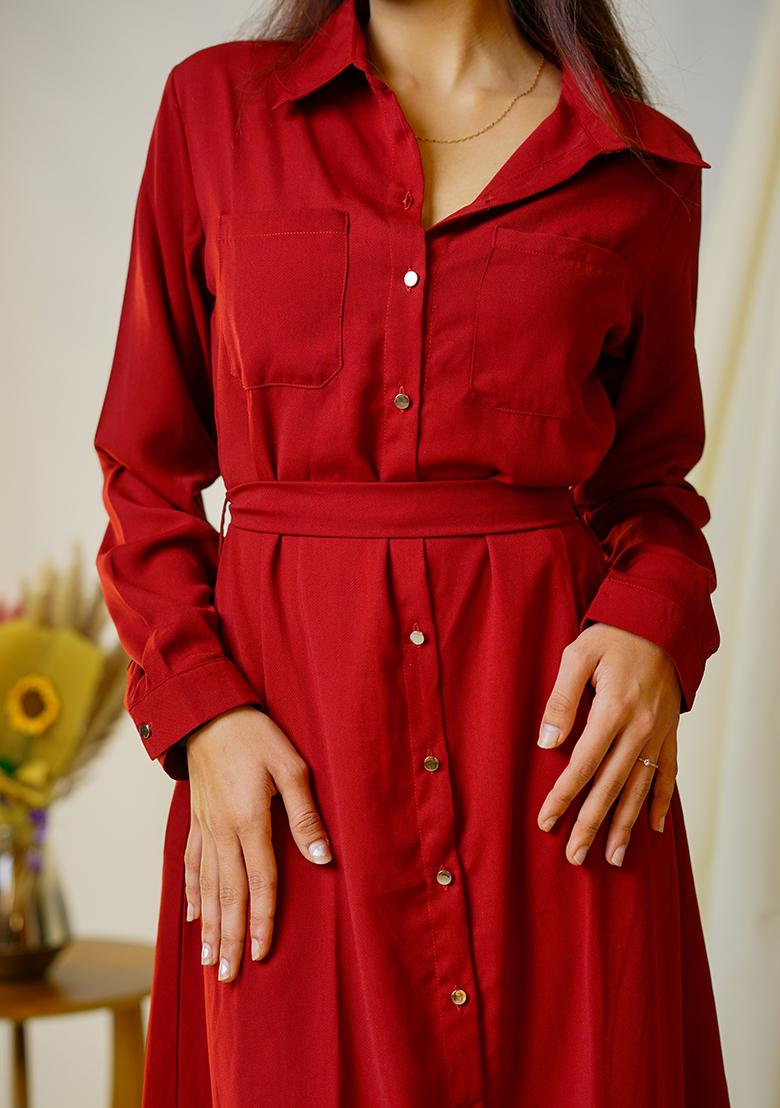 Maroon Solid Blended Dress - Indya