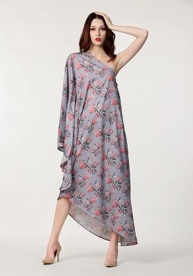 Steel Grey Prirnted Blended Dress