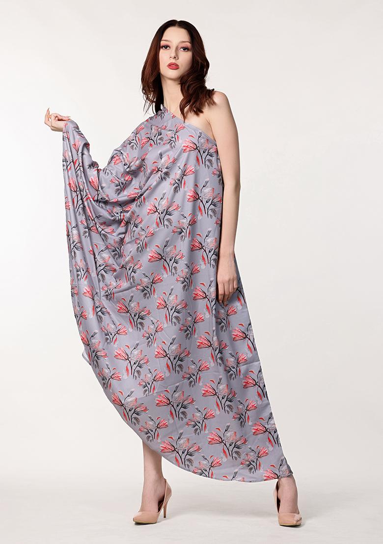 Steel Grey Prirnted Blended Dress - Indya