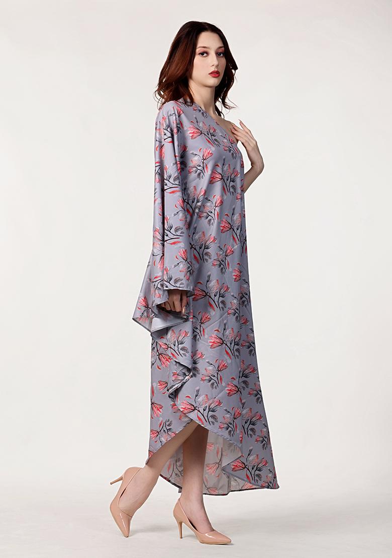 Steel Grey Prirnted Blended Dress - Indya