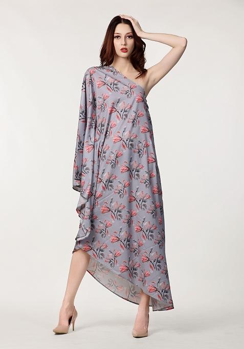 Steel Grey Prirnted Blended Dress