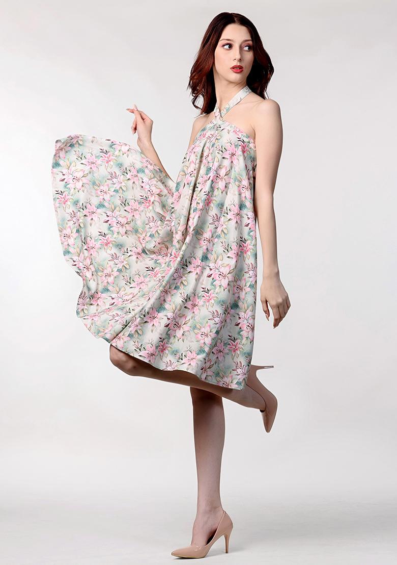 Pistachio Prirnted Blended Dress - Indya