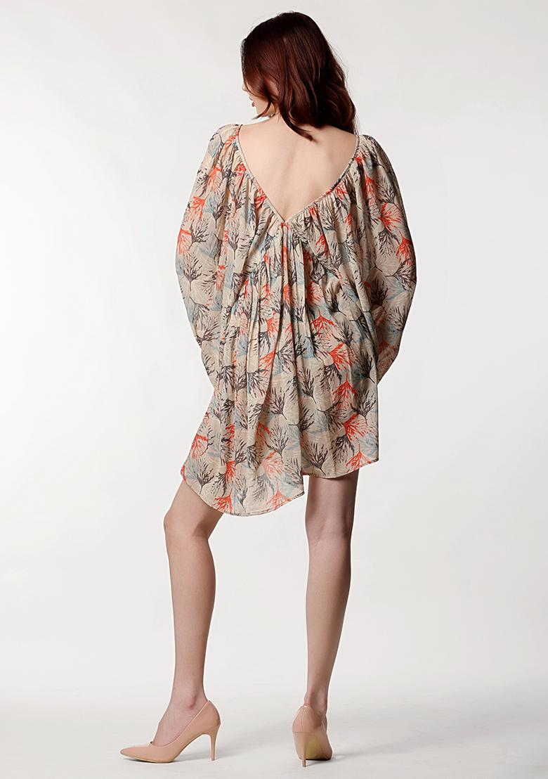 Beige Prirnted Blended Dress - Indya