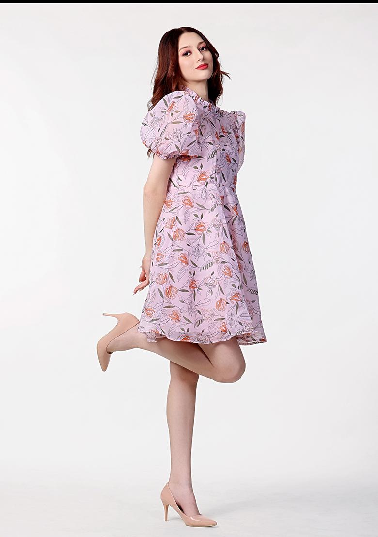 Purple Prirnted Blended Dress - Indya