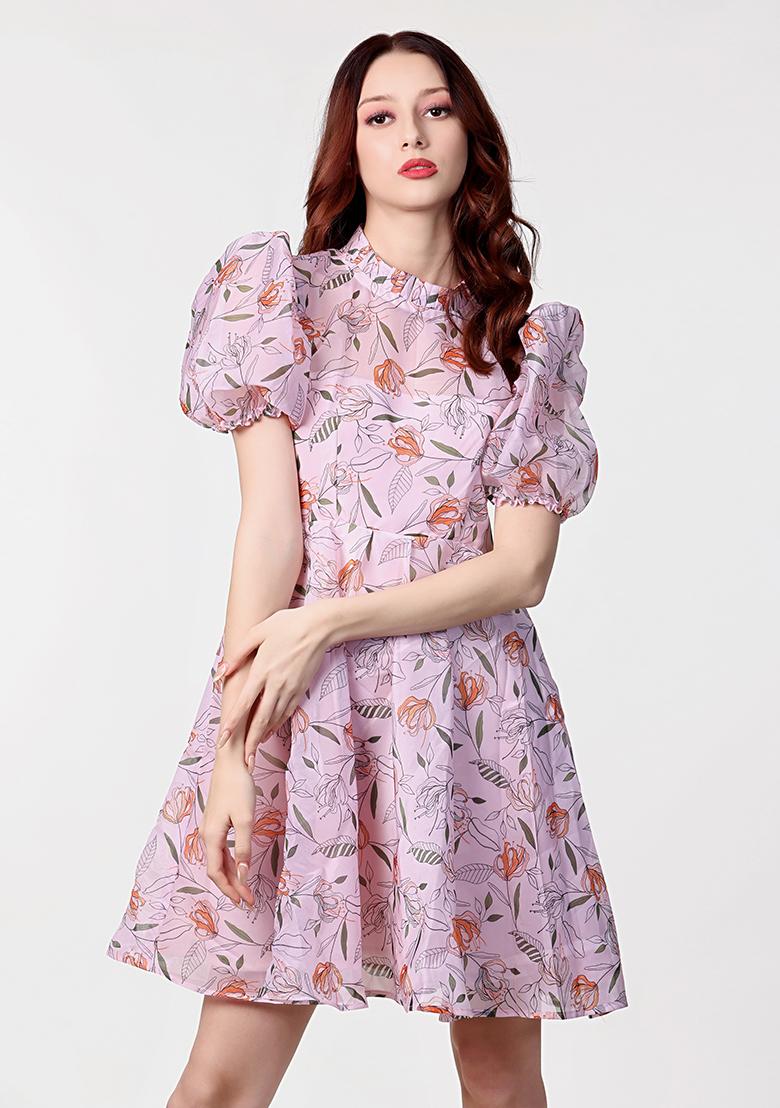 Purple Prirnted Blended Dress - Indya